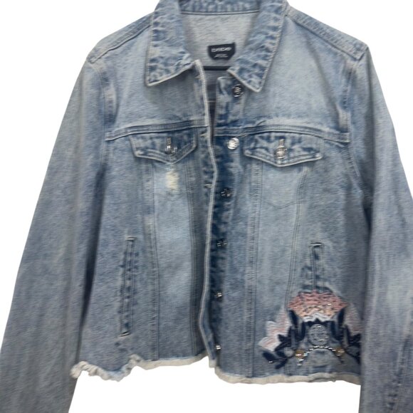 Bebe Distressed Denim Jacket W/ Embroidered Mandala Design & Raw Hem - Womens XL - Picture 13 of 15